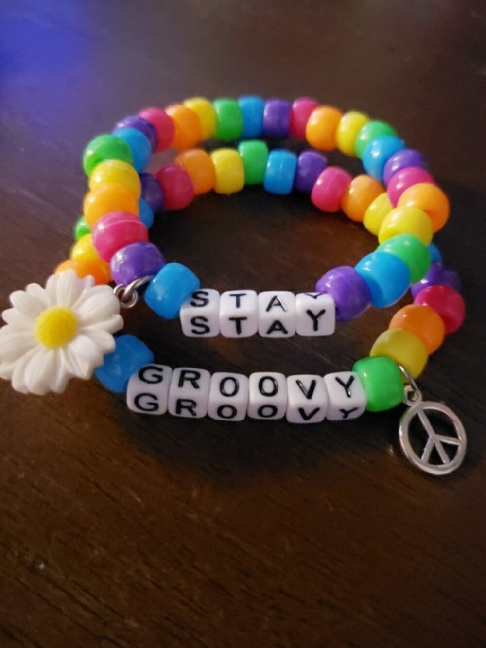 Handmade Neon Rainbow Daisy Peace Stay Groovy Kandi Bracelet set